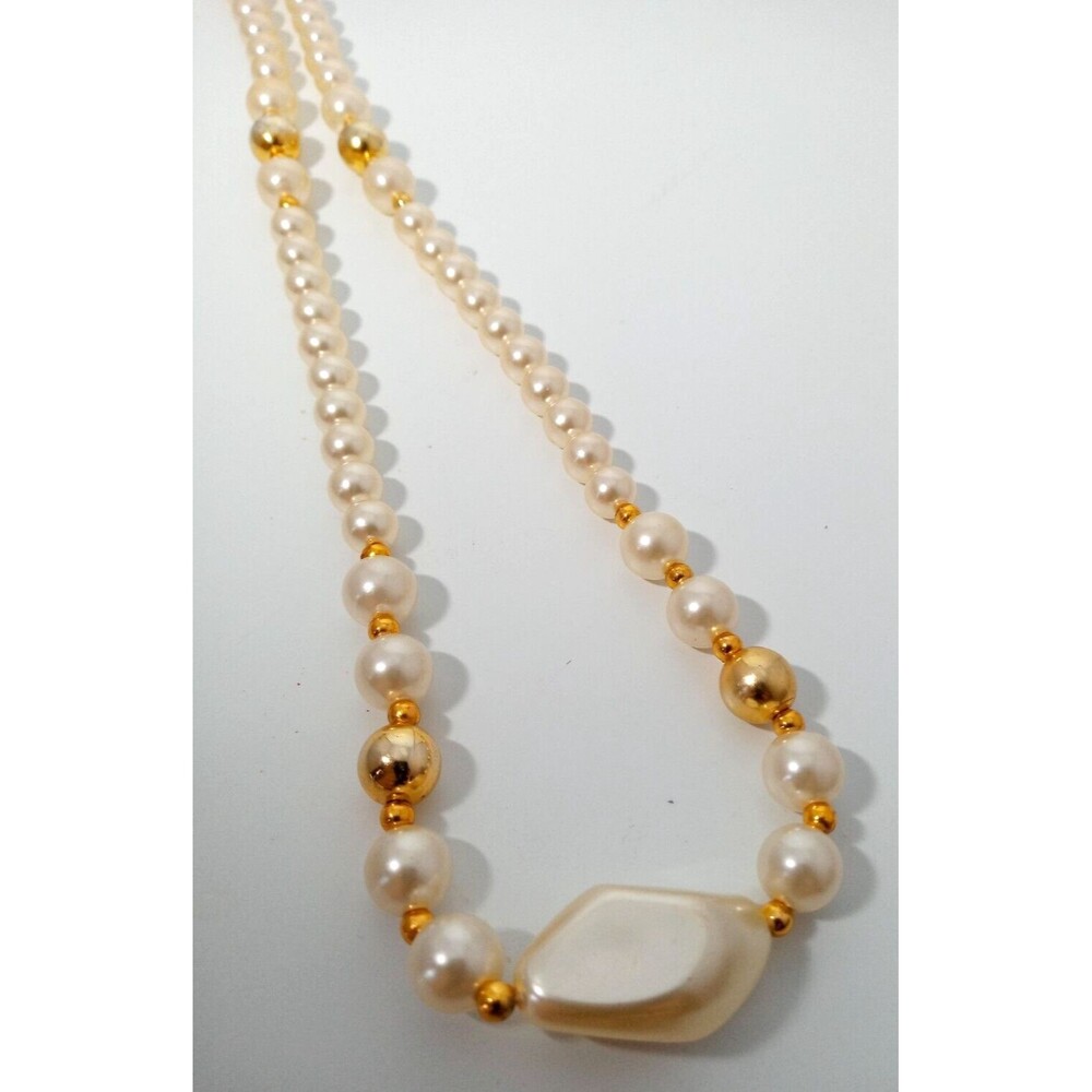 Vintage Necklace Faux Pearls w/ Gold Tone Spacers 23" Large Bead in Center Love